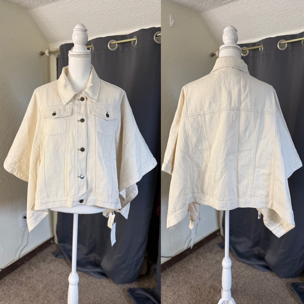 NWT Pilcro Anthropologie Weston Cape Denim Jacket Women L/XL Ivory Oversized - Picture 2 of 16